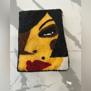 Vintage Black Beaded Zippered Purse w/ Ladies Face on the Front. 6”L x 4 1/4” W